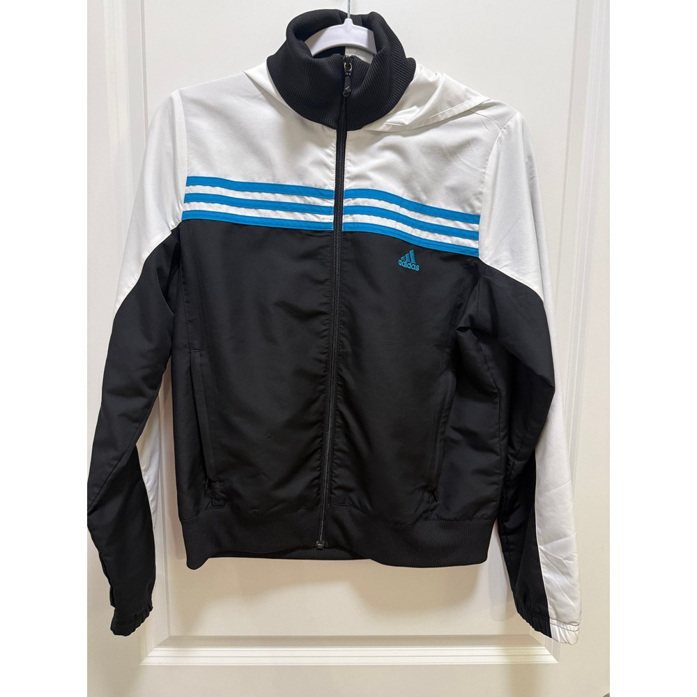 Adidas Womens Hooded Track Jacket Black White Blue Striped Full Zip Size M